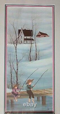 P. Buckley Moss Sold Out Signed Numbered 872/1000 Framed Print Fishing Pals COA
