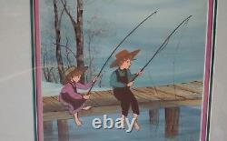 P. Buckley Moss Sold Out Signed Numbered 872/1000 Framed Print Fishing Pals COA